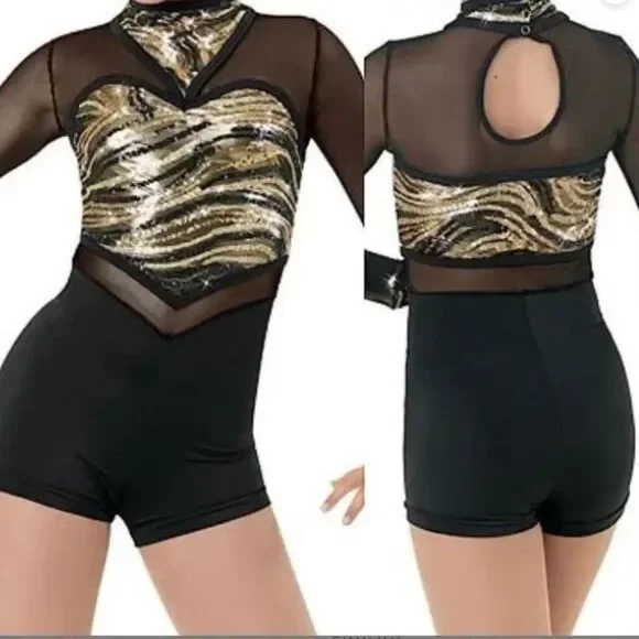 Dance Costume, Jazz, Tap Acro Large Child, Black and Gold